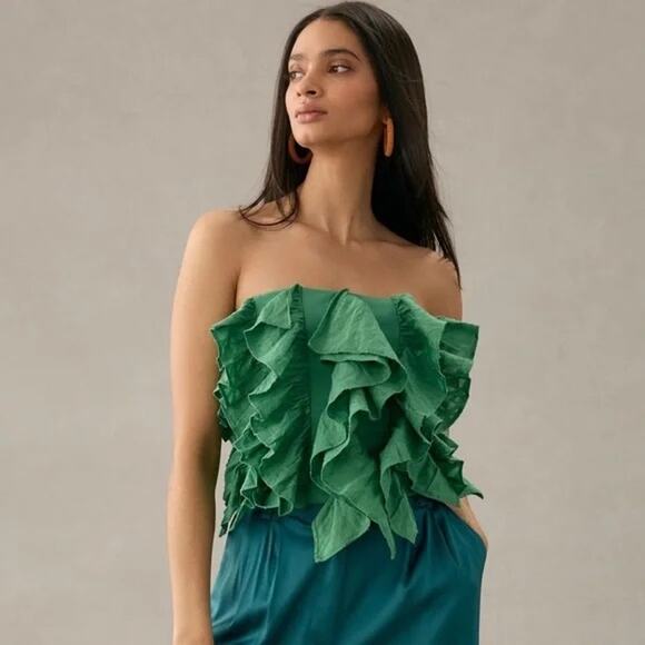 [Anthropologie] Bright Kelly Green Ruffle Strapless Tube Top Smocked Back Sz XS - Picture 1 of 12